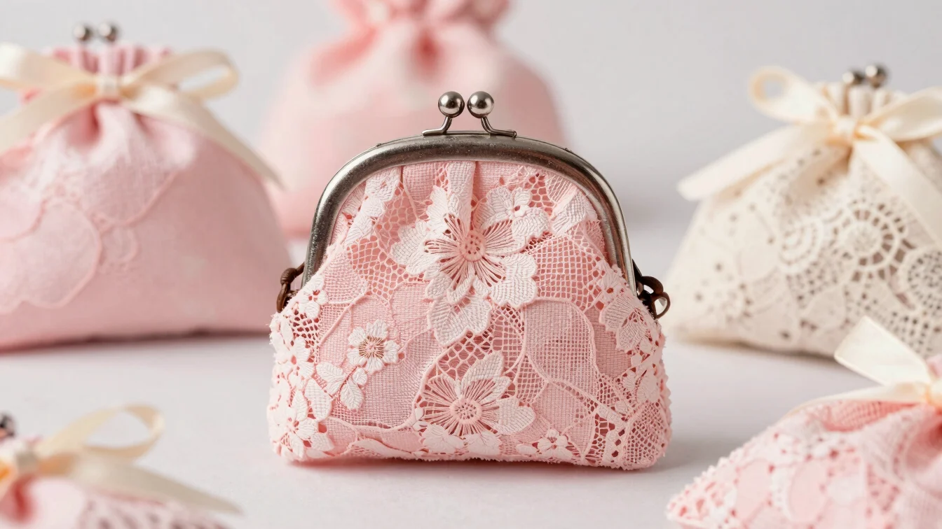 Close-up editorial product photograph of handsewn pink lace pouch