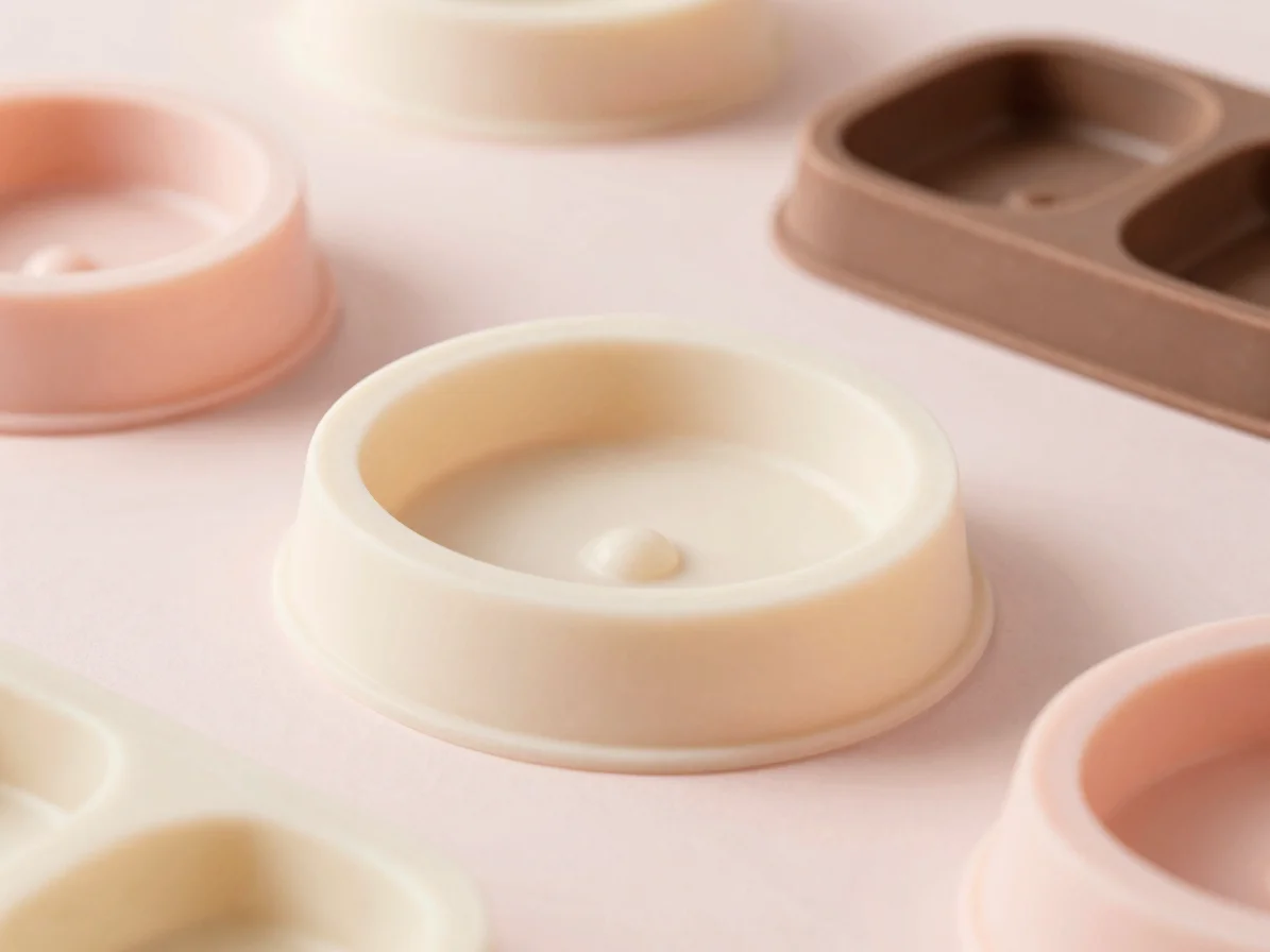 Three-quarter product still life of a pastel silicone mold with soft melting droplet contours, pale cream and blush tone