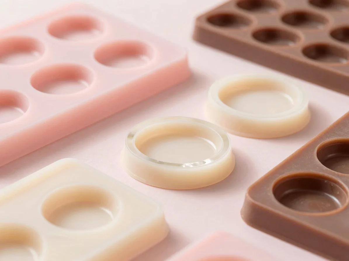 Close-up detail of a pastel silicone mold beside a few clear resin casting shapes, cream and pink palette, soft diffused