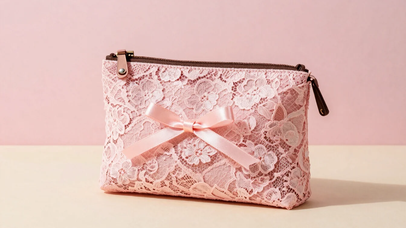 Close-up three-quarter still life of a handsewn pink lace makeup bag with a satin ribbon tie, soft diffused studio light