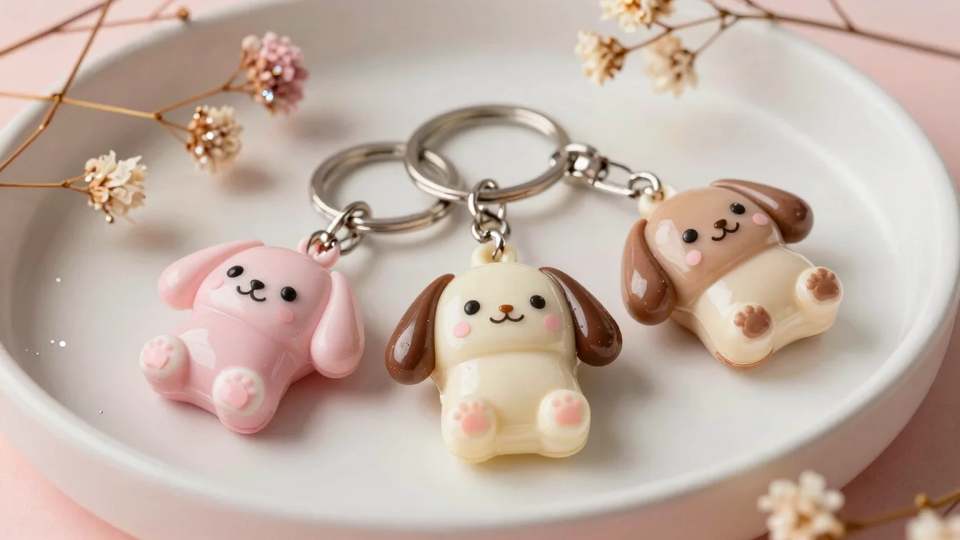Close-up overhead still life of glossy pastel resin keychains and a trinket tray with glitter and dried flowers, soft di