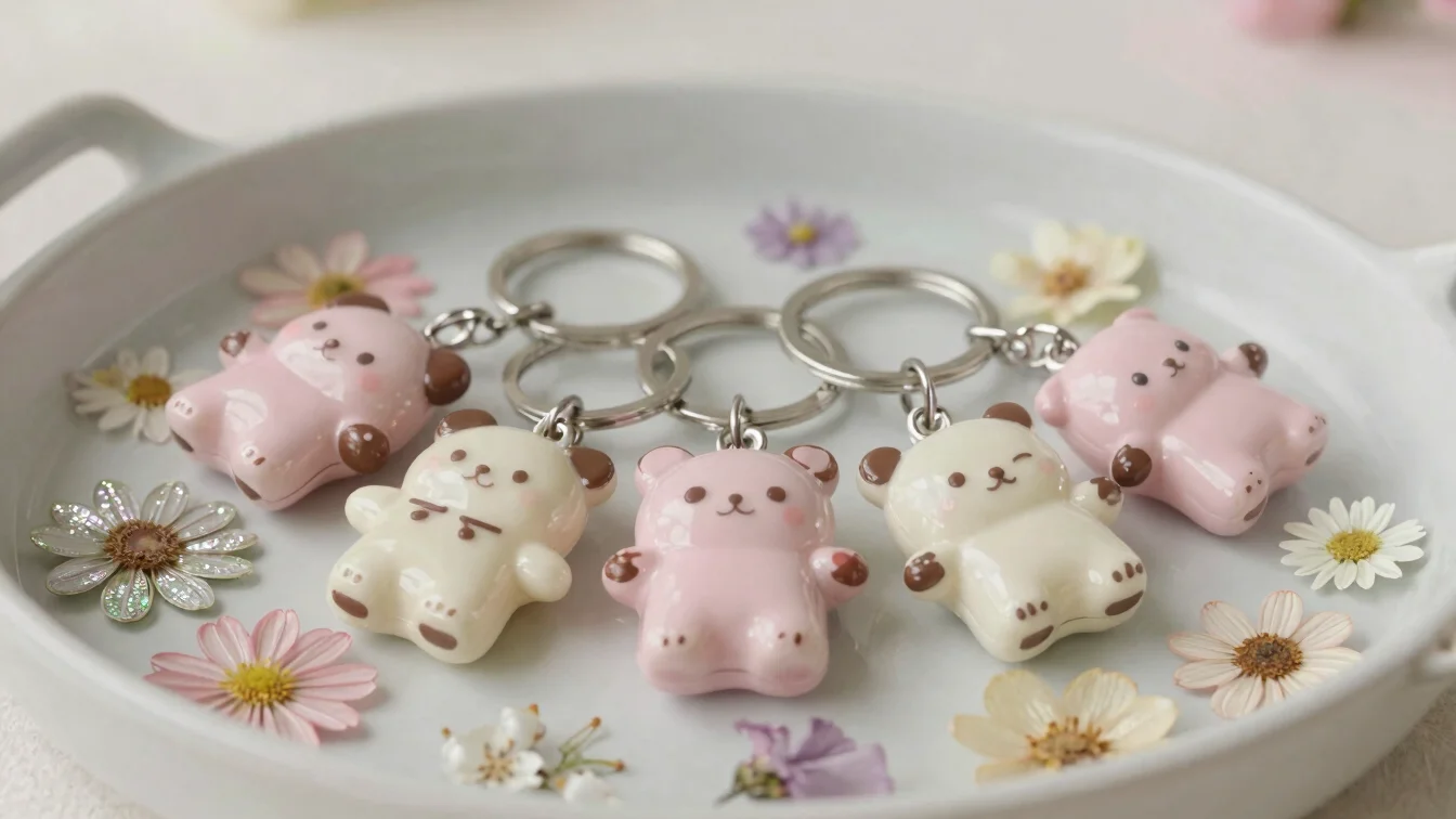 Close-up editorial product photograph of glossy pastel resin keyc