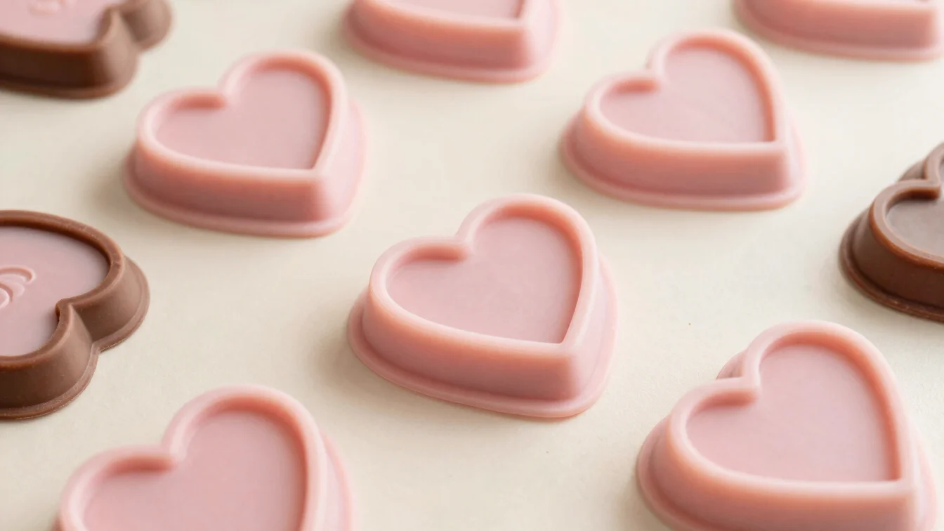 Close-up overhead still life of pastel pink silicone heart-shaped molds with melting designs on a cream surface, soft di