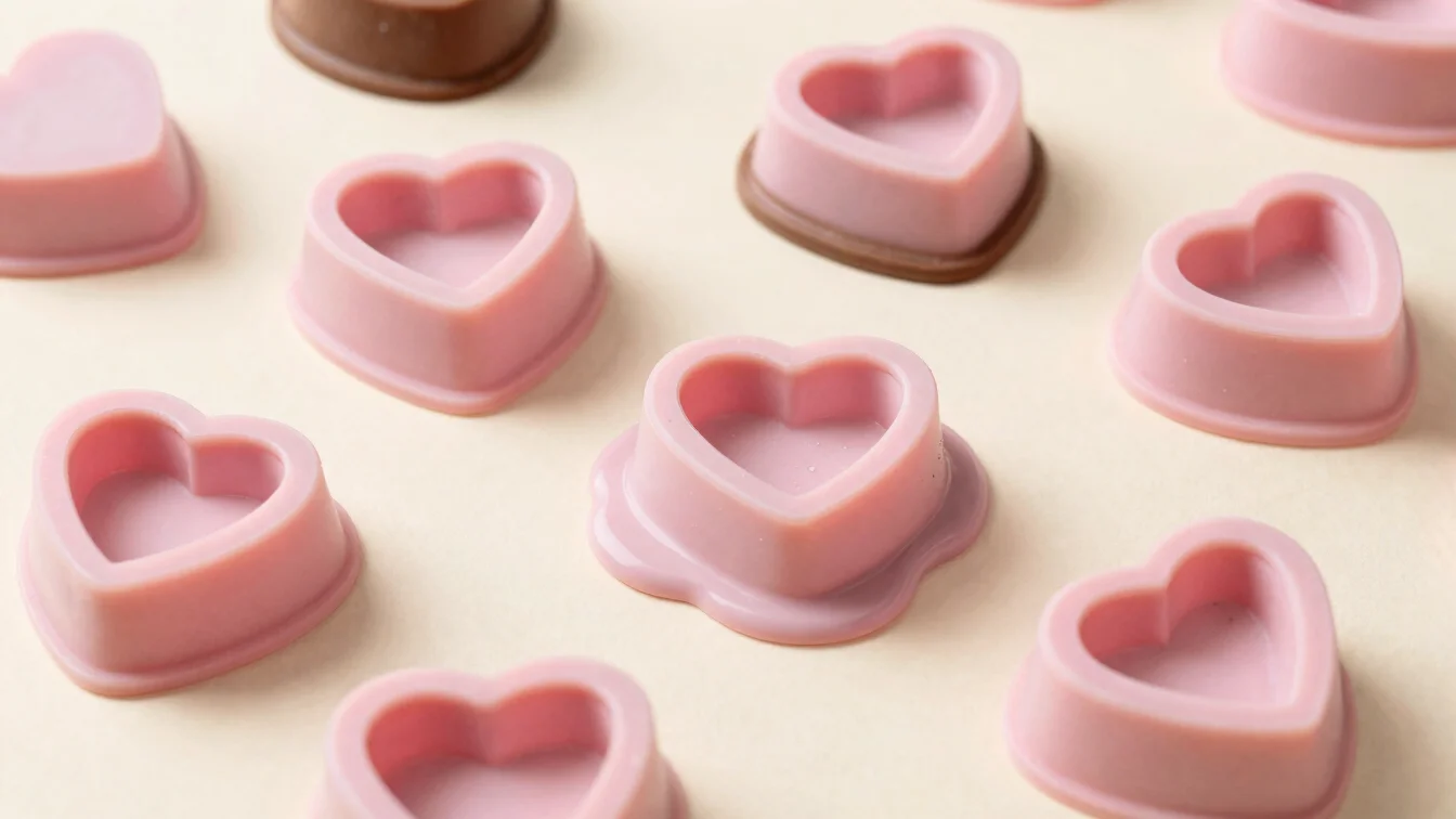 Overhead editorial product photograph of pastel pink heart-shaped