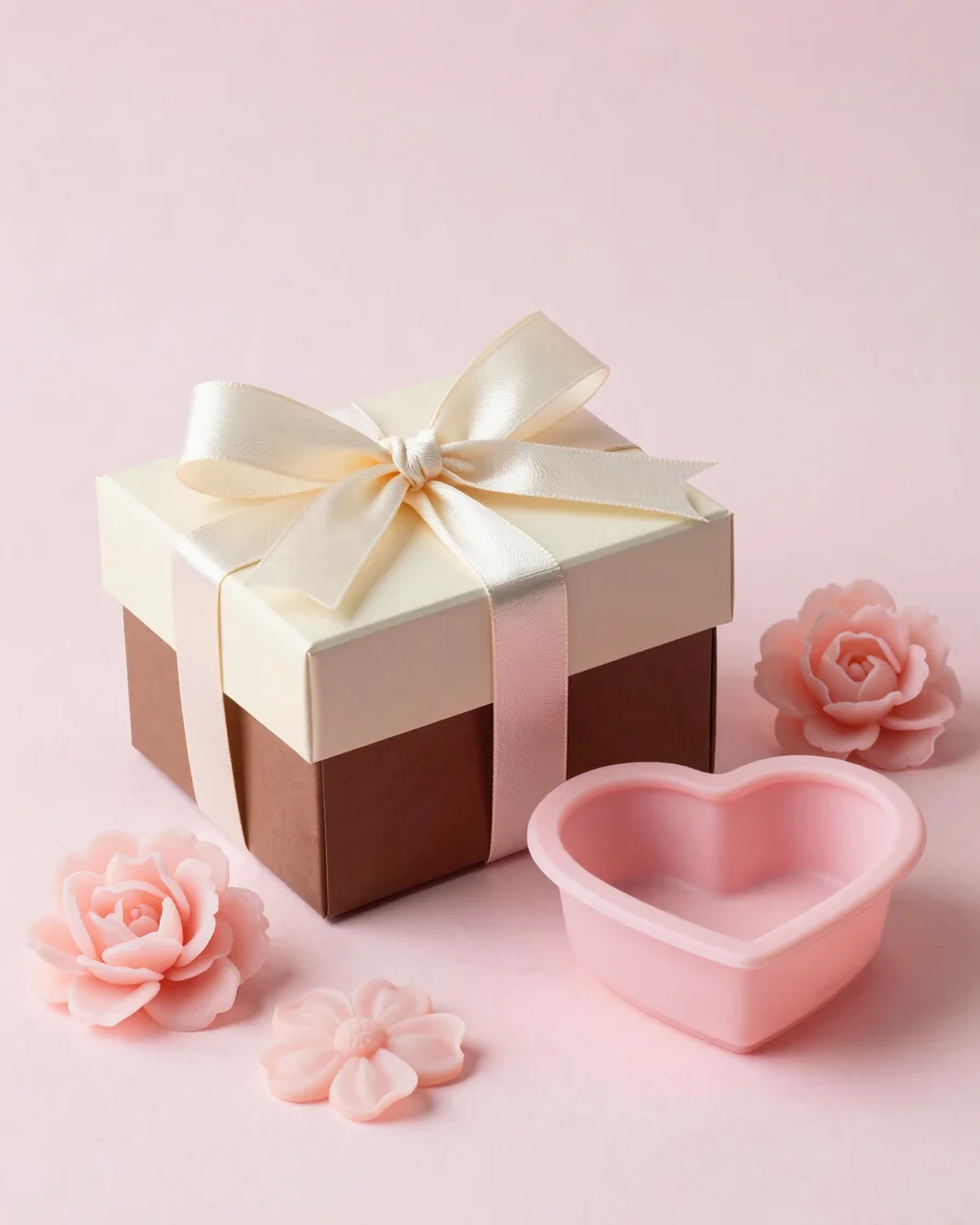 Soft editorial still life of a cream ribbon-tied gift box beside