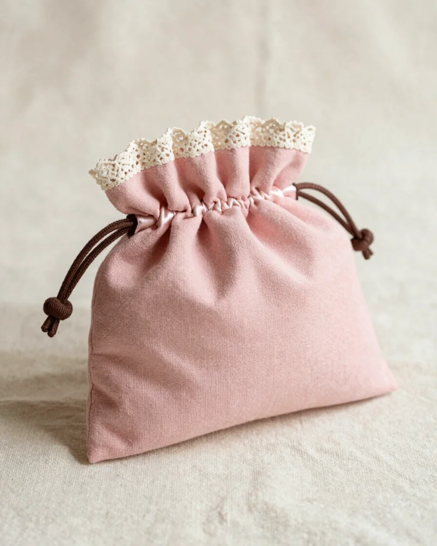 Editorial product photograph of a handsewn soft pink fabric pouch