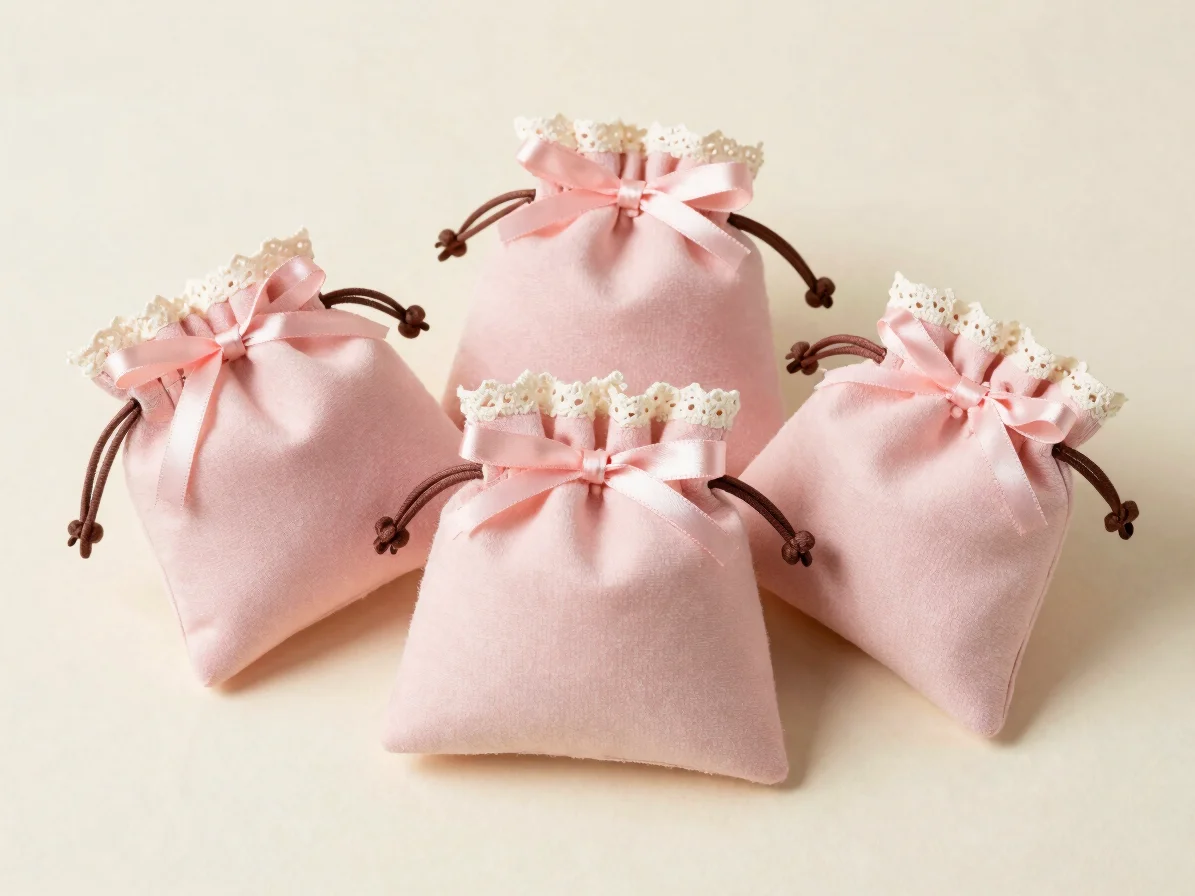 Overhead still life of three handsewn soft pink pouches with satin ribbon ties and cream lace trim on a pale cream backd