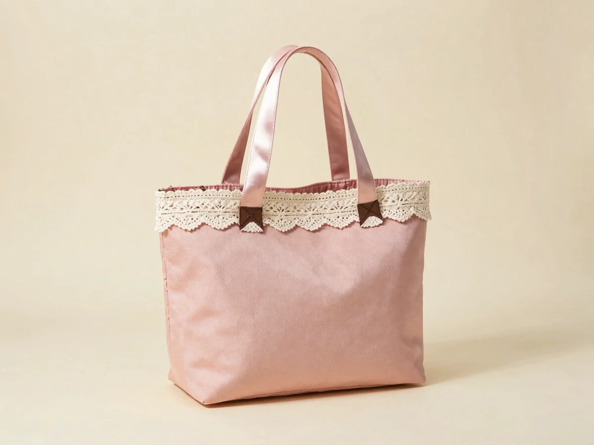 Three-quarter product still life of a pastel pink handsewn tote bag with a cream lace trim and a satin ribbon handle, un