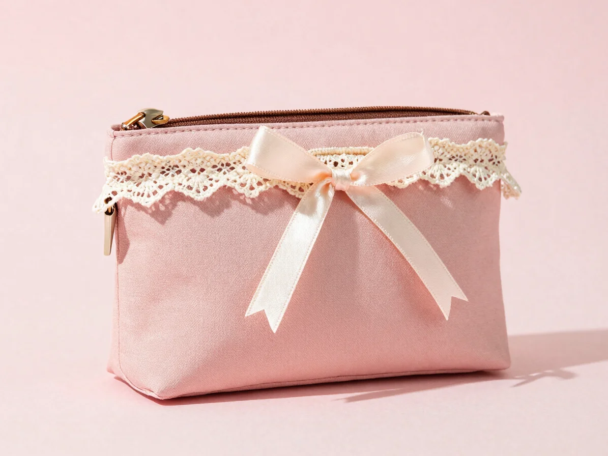 Close-up of a soft pink handsewn makeup bag with cream lace edging and a tied satin ribbon, pastel setting, gentle shado