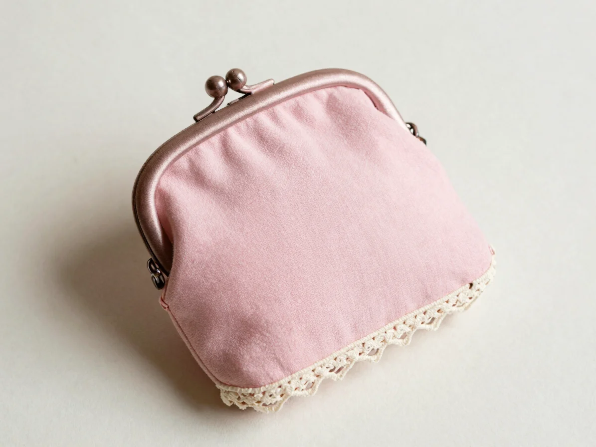 Overhead detail of a small handsewn pastel pink coin purse with a satin ribbon pull and cream lace trim, soft diffused l
